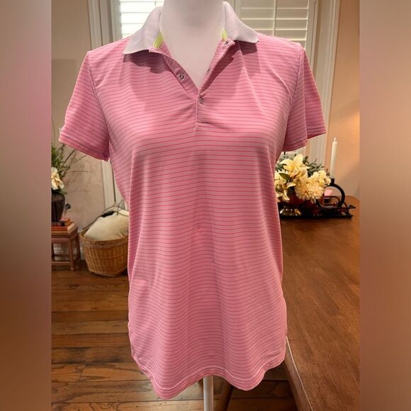 Ralph Lauren RLX Polo Shirt Classic Fit Golf Neon Pink Stripe Snap Buttons Sz M - Picture 1 of 8